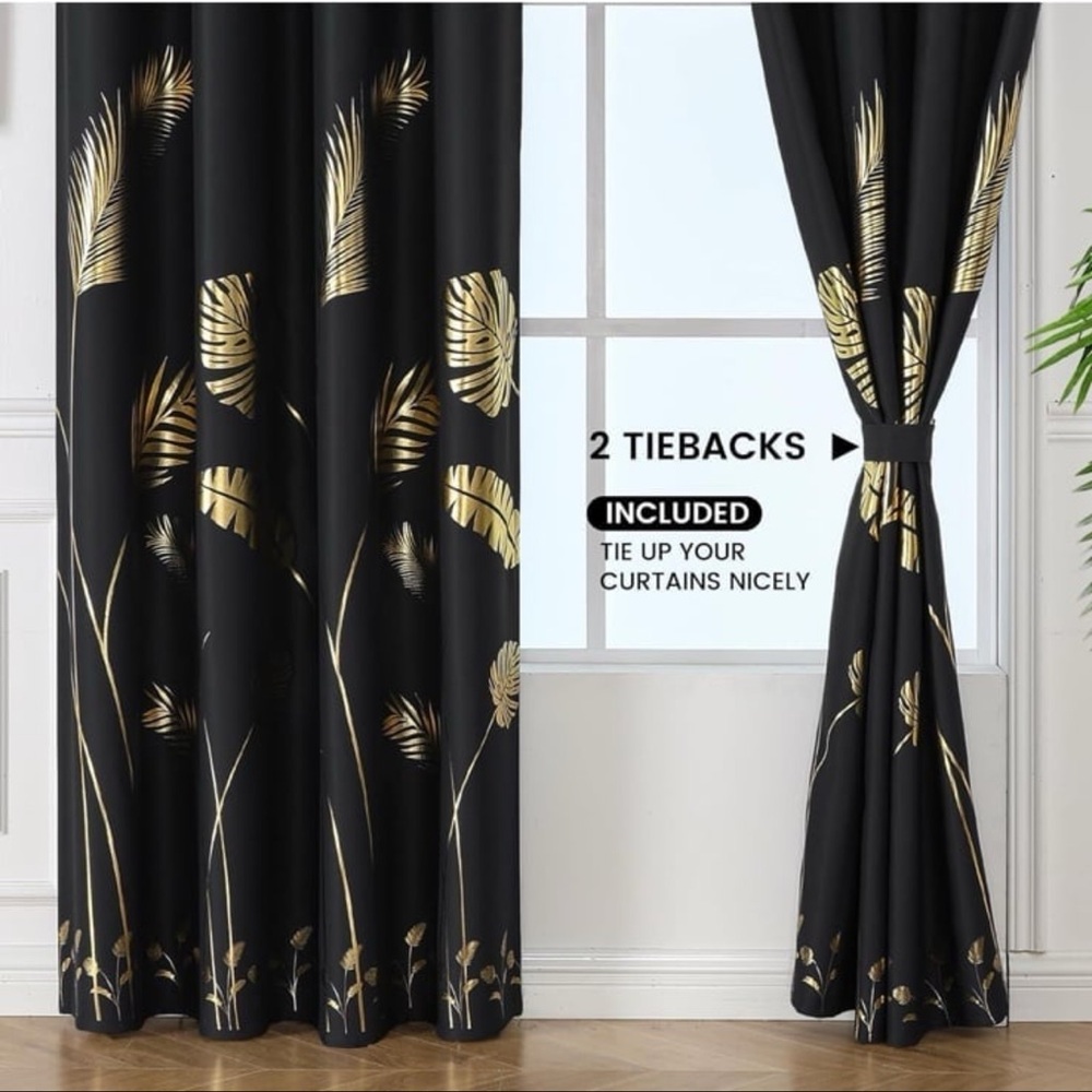 Blackout Curtains 108Inches Length Gold Foil with Palm Leaf Design Thermal - Picture 6 of 7